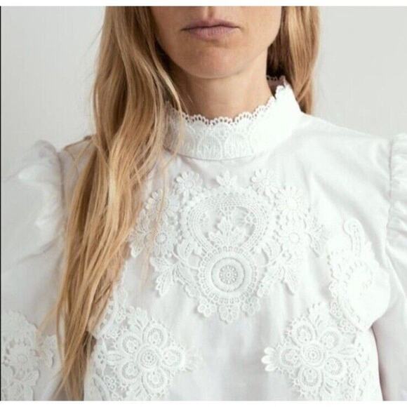 Zara Combined Poplin Cotton Blouse Top Puff Sleeve Crochet Lace Mock Neck XS - Picture 2 of 12